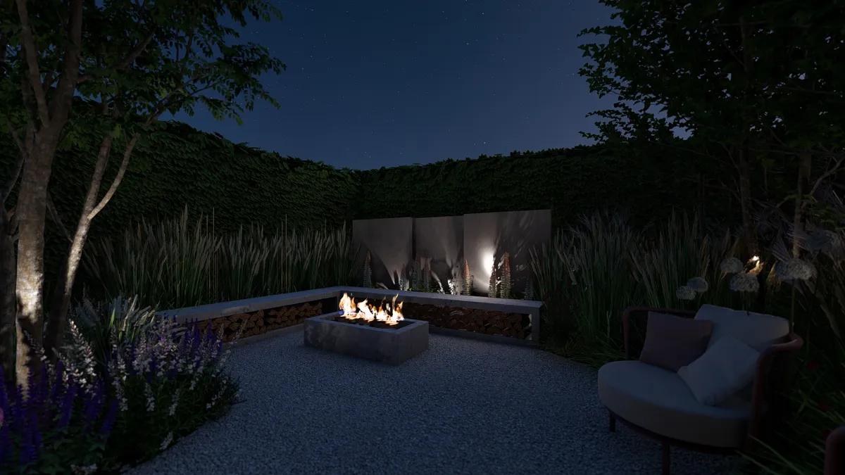 Osvětlení v zahradě — ohniště z pohledového betonu