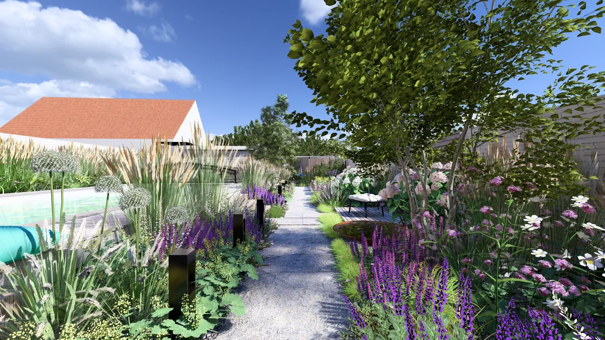 Mlatova cesta bohatym trvalkovym zahonem