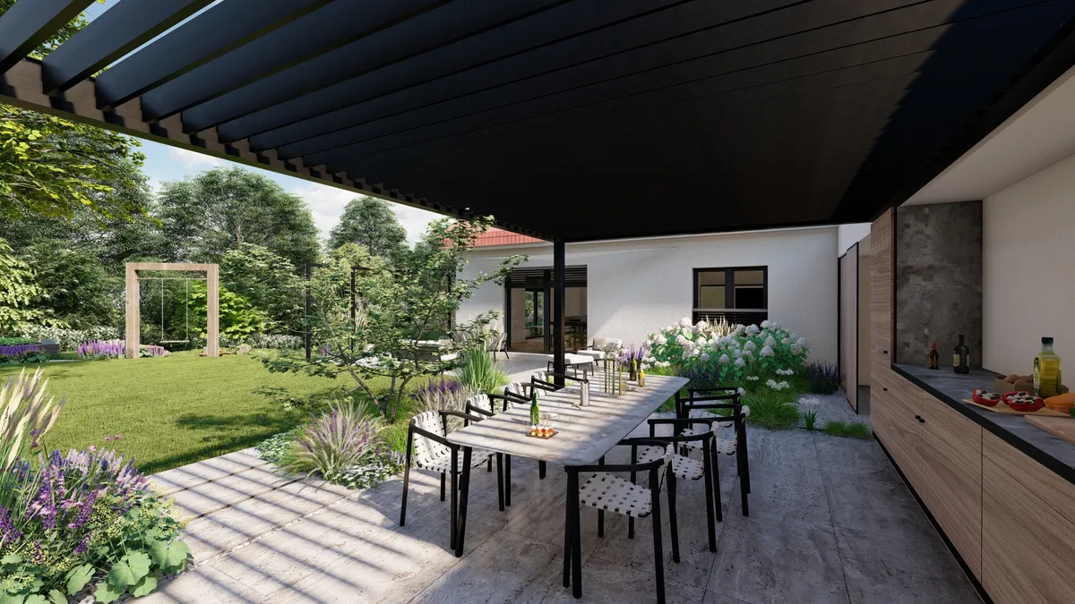 Velkorysa zahradni kuchyn s posezenim pod pergolou