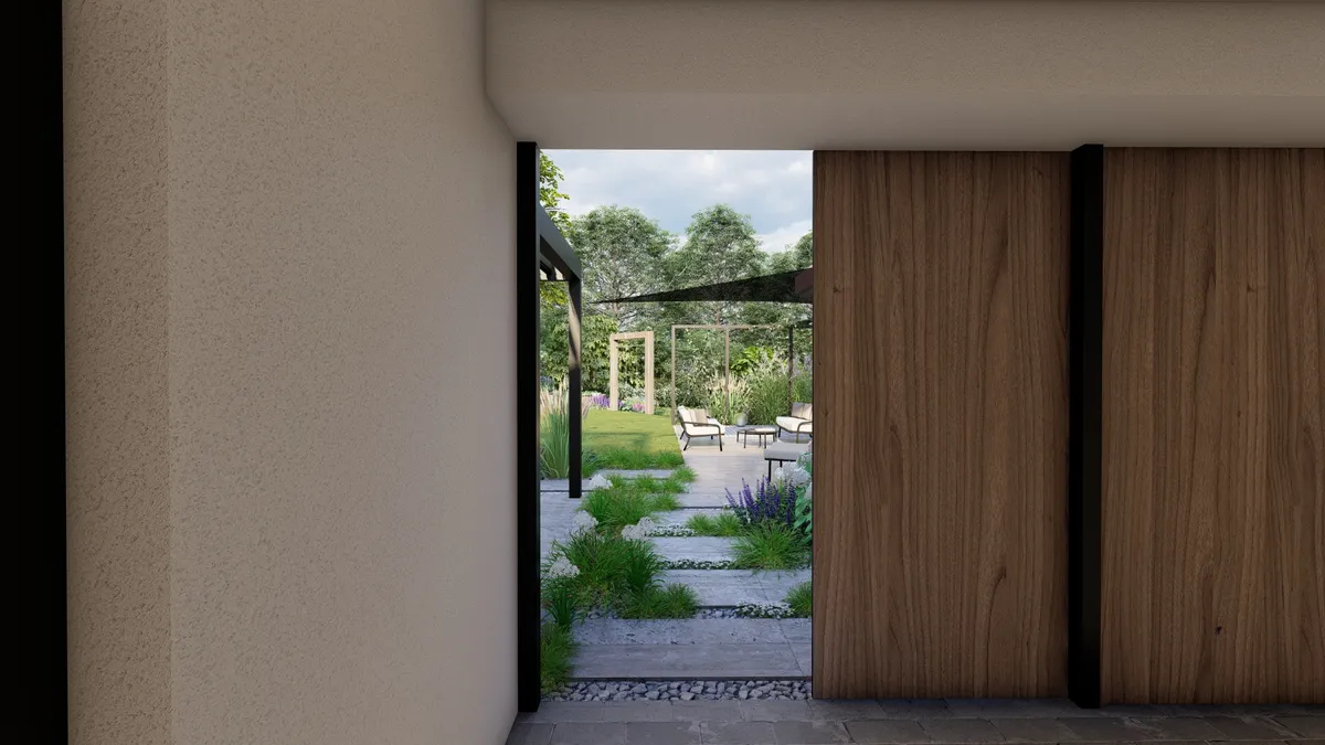 Vstup do moderniho koutu zahrady